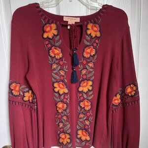 Kyra Sweater w/ Floral Embroidery and Tassels - Small - 100% Cotton - Maroon/Red